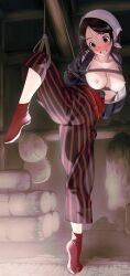 Rule 34 | 1girl, arms behind back, barn, black hair, blush, bound, bound arms, breasts, breasts out, clenched teeth, commission, copyright request, crying, crying with eyes open, facing viewer, female focus, full body, head scarf, highres, imminent rape, indoors, leg up, medium breasts, nagashii kouhei, nipples, obi, pants, red pants, red socks, restrained, sash, shibari, skeb commission, socks, solo, spread legs, standing, standing on one leg, striped clothes, striped pants, tabi, tears, teeth, tiptoes, wide-eyed