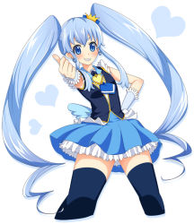 Rule 34 | 10s, 1girl, bad id, bad pixiv id, black thighhighs, blue eyes, blue hair, blue skirt, brooch, crown, cure princess, grin, hand on own hip, happinesscharge precure!, heart, heart brooch, hinama amu, jewelry, long hair, magical girl, matching hair/eyes, mini crown, necktie, precure, shirayuki hime, skirt, smile, solo, thighhighs, thumbs up, twintails, white background, wrist cuffs