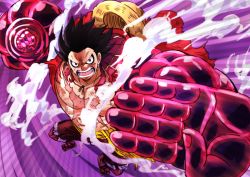 Rule 34 | 1girl, attack, black hair, black shorts, gear fourth, gear fourth: boundman, haki, hat, hat on back, looking at viewer, male focus, monkey d. luffy, one piece, red eyes, scar, shorts, solo, spiked hair, spoilers, straw hat, sun hat, topless male, tsukikage oyama, yellow hat