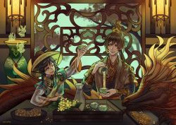 Rule 34 | 2boys, black hair, blue hair, braid, brown hair, chinese clothes, closed eyes, closed mouth, cup, dragon, earrings, flower, formal, fur, genshin impact, gradient hair, green eyes, hair between eyes, hat, highres, holding, holding cup, horns, jewelry, lantern, long hair, long sleeves, male focus, multicolored hair, multiple boys, mysticalflyte, one eye closed, open mouth, rex lapis (genshin impact), single earring, smile, table, tagme, teacup, trap, tray, twin braids, vase, venti (genshin impact), whiskers, yellow eyes, zhongli (genshin impact)