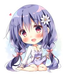 Rule 34 | 1girl, bare legs, barefoot, big head, blush, bow, breasts, chibi, cleavage, collarbone, commentary request, dress, flower, full body, hair bow, hair flower, hair ornament, head tilt, heart, jacket, long hair, long sleeves, low twintails, medium breasts, open clothes, open jacket, original, pan (mimi), purple dress, purple hair, red bow, red eyes, sitting, solo, twintails, very long hair, white flower, white jacket, yokozuwari
