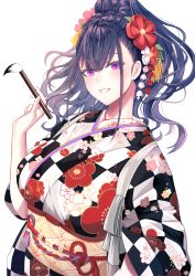 Rule 34 | 1girl, absurdres, blush, breasts, calligraphy brush, fate/grand order, fate (series), hair ornament, highres, huge filesize, japanese clothes, kimono, long hair, long sleeves, looking at viewer, murasaki shikibu (fate), obi, paintbrush, ponytail, purple eyes, purple hair, sash, simple background, smile, solo, tobi (pixiv41237754), very long hair, white background, wide sleeves
