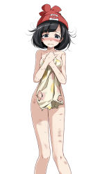 Rule 34 | 1girl, beanie, black eyes, black hair, blush, breasts, bruise, completely nude, covering breasts, covering privates, creatures (company), game freak, hat, injury, looking at viewer, medium breasts, nintendo, nude, pokemon, pokemon sm, red hat, selene (pokemon), shirt, short hair, simple background, solo, standing, tears, tsukishiro saika, white background, yellow shirt