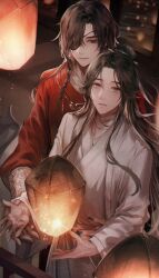 Rule 34 | 2boys, absurdres, bandaged neck, bandages, bishounen, black hair, black nails, brown hair, butterfly necklace, chinese clothes, eyepatch, hair bun, hair ribbon, highres, hua cheng, long hair, long sleeves, looking at viewer, male focus, multiple boys, parted bangs, red eyes, red hanfu, red robe, ribbon, robe, tianguan cifu, very long hair, white hanfu, white ribbon, white robe, wide sleeves, xie lian, yaoi, yellow eyes, young57440489