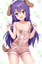 Rule 34 | 1girl, ahoge, animal ears, bandaid, bandaids on nipples, blush, breasts, dog ears, dog tail, green eyes, hair between eyes, highres, idolmaster, idolmaster million live!, koaya, long hair, looking at viewer, mochizuki anna, naked overalls, no bra, open mouth, overalls, pasties, paw print, pink overalls, purple hair, simple background, small breasts, solo, strap pull, tail
