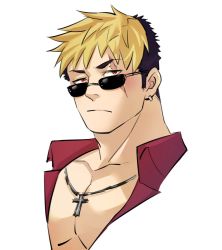 Rule 34 | 1boy, bad id, bad twitter id, bara, bare pectorals, black hair, blonde hair, blush, cropped shoulders, cross, cross necklace, jewelry, looking at viewer, male focus, multicolored hair, muscular, muscular male, necklace, onogami tetsuya, pectoral cleavage, pectorals, scar, scar across eye, scar on face, sdz (inazuma), short hair, solo, sunglasses, tokyo houkago summoners, two-tone hair, white background