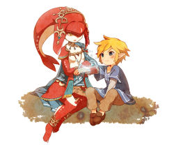 Rule 34 | 1boy, 1girl, bad id, bad pixiv id, blonde hair, blue eyes, blush, commentary request, fish girl, gem, healing, jewelry, link, mipha, nintendo, oie13, pointy ears, sad, scratches, sitting, the legend of zelda, the legend of zelda: breath of the wild, yellow eyes, aged down