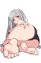 Rule 34 | 1girl, absurdres, ass, barefoot, bikini, blush, breasts, artistic error, feet, foot focus, grey hair, hand on own ass, highres, large breasts, long hair, looking at viewer, looking back, red eyes, soles, swimsuit, toes, twintails, wrong foot