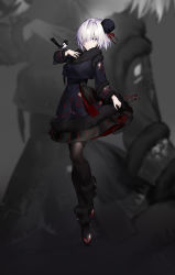 Rule 34 | 1girl, alternate color, alternate costume, animal, arm at side, bird, black dress, black footwear, black pantyhose, blurry, blurry background, closed mouth, commentary, dress, fate/grand order, fate (series), full body, fur-trimmed dress, fur-trimmed sleeves, fur collar, fur trim, hair over one eye, hand on own chest, layered dress, long sleeves, mash kyrielight, no pupils, ongdal2, pantyhose, print dress, shoes, short hair, smile, solo, tassel, twitter username, yellow eyes, zoom layer