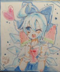 Rule 34 | 1girl, bad id, bad pixiv id, blue eyes, blue hair, bow, cirno, food, heart, ice, ice wings, kaenuco, one eye closed, open mouth, popsicle, shikishi, short hair, smile, touhou, wings, wink