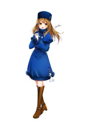 Rule 34 | 1girl, absurdres, blue capelet, blue hat, blue jacket, blue skirt, blush, boots, brown eyes, brown footwear, brown hair, capelet, commission, copyright request, full body, fur-trimmed capelet, fur-trimmed skirt, fur-trimmed sleeves, fur collar, fur hat, fur trim, gloves, hat, highres, jacket, knee boots, long hair, long sleeves, official art, open mouth, own hands clasped, own hands together, pom pom (clothes), ryuka, signature, simple background, skirt, smile, solo, standing, tachi-e, white background, white gloves