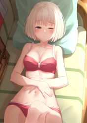 Rule 34 | 1girl, absurdres, backpack, bag, blonde hair, blush, bob cut, bra, breasts, cleavage, collarbone, commentary request, couch, hands on own stomach, highres, lycoris recoil, medium breasts, messy hair, navel, nishikigi chisato, on couch, one eye closed, panties, pillow, red bra, red eyes, red panties, short hair, solo, starkamisan, stomach, tearing up, underwear, underwear only, waking up