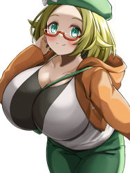 Rule 34 | 1girl, bag, beret, between breasts, bianca (pokemon), blonde hair, blush, breasts, cleavage, cowboy shot, creatures (company), dot nose, female focus, forehead, game freak, glasses, green bag, green eyes, green hat, green pants, hat, highres, hizakake, huge breasts, looking at viewer, nintendo, orange vest, pants, pokemon, pokemon bw, pokemon bw2, short hair, shoulder bag, smile, solo, standing, strap between breasts, taut clothes, vest, white background