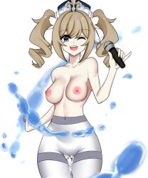 Rule 34 | 1girl, absurdres, barbara (genshin impact), blonde hair, blue eyes, breasts, collarbone, covered navel, cowboy shot, cum, cum on pussy, drill hair, female focus, genshin impact, highres, holding, holding microphone, large breasts, medium hair, microphone, nipples, nisage, one eye closed, open mouth, pantyhose, pinky out, simple background, teeth, thigh gap, thighs, topless, twin drills, upper teeth only, water, white headwear, white pantyhose, wink