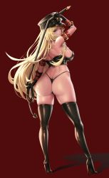 Rule 34 | 1girl, ass, bare shoulders, black footwear, black gloves, black hat, black panties, blonde hair, blue eyes, boots, breasts, commission, elbow gloves, gloves, hat, high heels, highres, holding, holding whip, large breasts, lips, long hair, looking at viewer, looking back, mad kimo, maria tr, original, panties, parted lips, red background, solo, thigh boots, thighhighs, underwear, whip