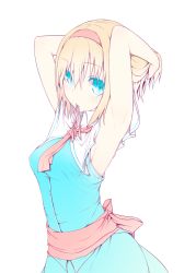 Rule 34 | 1girl, adapted costume, adjusting hair, alice margatroid, armpits, arms up, blonde hair, blue eyes, capelet, dress, hairband, looking at viewer, mouth hold, necktie, nirap, ribbon, sash, short hair, simple background, sleeveless, solo, touhou, tying hair, upper body, white background