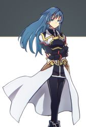Rule 34 | 1girl, black pantyhose, blue eyes, blue hair, breasts, coat, fingerless gloves, gloves, long hair, looking at viewer, maria traydor, murata tefu, pantyhose, simple background, skirt, solo, standing, star ocean, star ocean till the end of time, trench coat