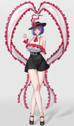 Rule 34 | 1girl, absurdres, aroevela, ascot, bare shoulders, belt, black footwear, black skirt, bow, breasts, cleavage, detached collar, english text, full body, grey background, hat, hat bow, high-waist skirt, highres, large breasts, nagae iku, purple hair, red ascot, red bow, red eyes, shawl, shirt, short hair, signature, skirt, smile, solo, standing, touhou, white shirt