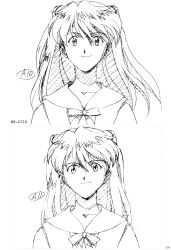 Rule 34 | 1girl, artbook, highres, long hair, looking at viewer, monochrome, neon genesis evangelion, scan, school uniform, sequential, souryuu asuka langley, twintails, upper body, white background