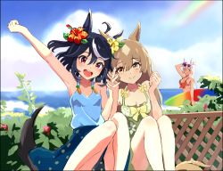 Rule 34 | 3girls, ahoge, animal ears, arm up, bare shoulders, blue shirt, breasts, brown hair, camisole, cleavage, day, dress, eyewear on head, feet out of frame, flower, gold ship (umamusume), green dress, hair flower, hair ornament, halterneck, hand up, hedge, hibiscus, holding hands, horizon, horse ears, horse girl, horse tail, interlocked fingers, kitasan black (umamusume), long hair, looking at viewer, medium hair, multicolored hair, multiple boys, multiple girls, ocean, okken, open mouth, outdoors, outstretched arm, rainbow, red eyes, satono diamond (umamusume), shirt, shirt tucked in, sitting, small breasts, standing, streaked hair, sunglasses, surfboard, tail, umamusume, yellow eyes