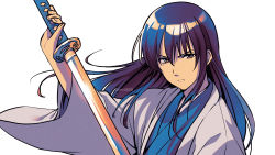Rule 34 | 1boy, arm up, asada hachi, banned artist, blue kimono, brown eyes, closed mouth, commentary, gintama, gradient hair, hair between eyes, haori, highres, holding, holding sword, holding weapon, japanese clothes, katana, katsura kotarou, kimono, long hair, long sleeves, looking at viewer, male focus, multicolored hair, purple hair, serious, simple background, solo, sword, twitter username, upper body, watermark, weapon, white background, wide sleeves
