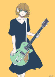 Rule 34 | 1girl, black dress, brown hair, collarbone, commentary request, dress, earrings, green eyes, guitar, highres, holding, holding guitar, holding instrument, instrument, jewelry, looking at viewer, original, parted lips, sakashima 0822, short hair, short sleeves, signature, simple background, solo, stud earrings, yellow background