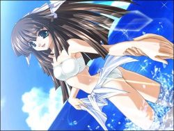 Rule 34 | 1girl, artist name, artist request, ass, bandeau, bikini, blue eyes, bow, brown hair, cloud, day, game cg, holding hands, lens flare, long hair, looking at viewer, looking back, lowres, ocean, parted lips, randou sayuri, sakuranbo kaigan, sarong, sky, smile, solo, swimsuit, water, white bikini, white bow
