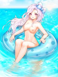 Rule 34 | 1girl, annyeongbangawo, bad id, bad pixiv id, bare arms, bare legs, bare shoulders, blue bow, blue sky, blush, bow, breasts, cloud, commentary request, day, floating hair, hair bow, highres, horizon, innertube, korean commentary, maplestory, medium breasts, nipples, nude, ocean, outdoors, parted bangs, parted lips, pink hair, red eyes, signature, sky, solo, striped, striped bow, sun, sweat, swim ring, water