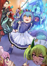 Rule 34 | + +, 1boy, 5girls, blonde hair, blue hair, brown hair, chamber dragonmaid, constricted pupils, covering own mouth, curtains, dragon girl, dragon horns, dragon tail, dragonmaid (yu-gi-oh!), dress, duel monster, empty eyes, fingerless gloves, gloves, green hair, hair over one eye, hand over own mouth, hat, hatano kiyoshi, highres, holding, holding sword, holding weapon, horns, juliet sleeves, katana, kitchen dragonmaid, laundry dragonmaid, long hair, long sleeves, maid headdress, multiple girls, nervous sweating, nurse cap, nurse dragonmaid, open mouth, parlor dragonmaid, picture frame, pink eyes, pink hair, pointing, ponytail, puffy sleeves, purple hair, red hair, shiranui spectralsword, shiranui spectralsword shade, sparkle, sweat, sword, tail, unamused, weapon, wide sleeves, yu-gi-oh!