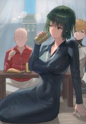 Rule 34 | 1girl, 2boys, bald, black dress, blonde hair, breasts, collared dress, cyborg, dress, fubuki (one-punch man), genos, green dress, green eyes, green hair, highres, hood (james x), jacket, jewelry, large breasts, long sleeves, looking to the side, multiple boys, necklace, one-punch man, pants, red jacket, saitama (one-punch man), short hair, sitting, taut clothes, taut dress, white pants