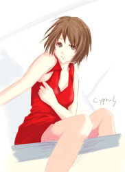 Rule 34 | 1girl, artist name, brown eyes, brown hair, cyprus, dress, looking at viewer, meiko (vocaloid), outstretched arm, red dress, short hair, sitting, solo, vocaloid, white background