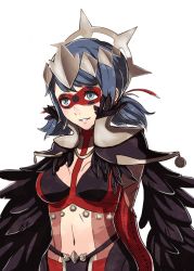 Rule 34 | 1girl, arms behind back, blue eyes, blue hair, breasts, cleavage, cosplay, domino mask, driftingbystars, earrings, feathers, fire emblem, fire emblem fates, highres, jewelry, ladybug (character), marinette dupain-cheng, mask, matching hair/eyes, medium breasts, midriff, miraculous ladybug, navel, nintendo, ophelia (fire emblem), parody, smile, solo, transparent background, twintails, upper body