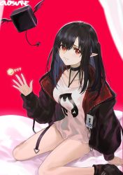 Rule 34 | 1girl, arknights, bare legs, bed sheet, black footwear, black hair, black jacket, bottomless, breasts, character name, choker, closure (arknights), demon tail, demon wings, familiar, full body, hair between eyes, highres, jacket, koio, looking at viewer, medium breasts, medium hair, parted lips, pointy ears, red background, red eyes, shirt, shoes, side ponytail, simple background, sitting, smile, solo, straight hair, tail, thighs, wariza, waving, white shirt, wings