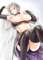 Rule 34 | 1girl, aimaida, angel wings, armpits, black thighhighs, breasts, bridal gauntlets, choker, dragon quest, dragon quest ix, earrings, grey hair, halo, huge breasts, jewelry, large breasts, level-5, lying, maki aida factor, midriff, on back, panties, raviel, short hair, solo, square enix, thighhighs, thong, underwear, wings