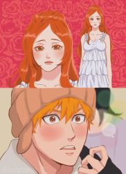 Rule 34 | 1boy, 1girl, bare arms, bleach, blush, breasts, brown eyes, brown headwear, cleavage, colored eyelashes, derivative work, dress, floral background, flower, frilled dress, frills, hair between eyes, hat, highres, inoue orihime, kurosaki ichigo, large breasts, long hair, looking at another, looking at viewer, lovely complex, luvlyroseve, open mouth, orange eyes, orange hair, parted bangs, red flower, red rose, rose, short hair, sleeveless, sleeveless dress, teeth, twitter username, upper teeth only, white dress