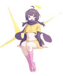 Rule 34 | 1girl, :d, absurdres, ahoge, black hair, black shirt, blue eyes, character request, crop top, crop top overhang, djmax, djmax respect, ellu, hair ornament, highres, invisible chair, kneehighs, layered sleeves, long hair, long sleeves, looking at viewer, low twintails, midriff, miniskirt, navel, no shoes, open mouth, pink socks, scarf, shirt, short over long sleeves, short sleeves, sitting, skirt, smile, socks, solo, stomach, thighs, twintails, undershirt, yellow shirt, yellow skirt