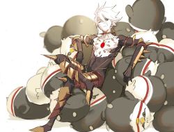 Rule 34 | 1boy, 1other, armor, bird, bishounen, blue eyes, bodysuit, collar, creature, crossed legs, earrings, fate/apocrypha, fate/extella, fate/extra, fate/grand order, fate (series), full body, gem, hair between eyes, jewelry, karna (fate), looking at viewer, male focus, pako (pakosun), pale skin, sitting, sketch, skin tight, white hair