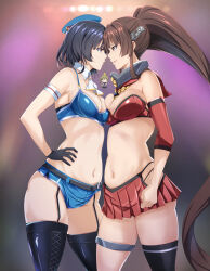 Rule 34 | 2girls, ascot, belt, beret, black belt, black footwear, black hair, blue bra, blue headwear, blurry, blurry background, boots, bra, breasts, brown hair, confrontation, cowboy shot, crop top, face-to-face, hat, highres, kantai collection, looking at another, moroheiya (moroheiya-works), multiple girls, opposing sides, pleated skirt, ponytail, red bra, red eyes, single thighhigh, skirt, takao (kancolle), thigh strap, thighhighs, underwear, white ascot, yamato (kancolle)