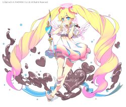 Rule 34 | 1girl, arrow (projectile), blonde hair, blue eyes, bow (weapon), bridal garter, chocolate, dress, drill hair, full body, halo, heart, long hair, looking at viewer, mansu, official art, original, ribbon, simple background, smile, solo, twin drills, twintails, very long hair, weapon, wings