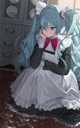 Rule 34 | 1girl, absurdres, apron, aqua eyes, aqua hair, aqua nails, arm on thigh, black dress, blush, bow, bowtie, cabinet, closed mouth, commentary, cup, dress, drinking glass, frilled apron, frilled dress, frills, full body, hair between eyes, hand on own cheek, hand on own face, hatsune miku, highres, indoors, lessa, long bangs, long dress, long hair, long sleeves, looking at object, maid, maid apron, plate, red bow, red bowtie, sitting, solo, sunlight, twintails, very long hair, vocaloid, wavy hair, white apron, wine glass