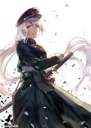 Rule 34 | 1girl, bad id, bad pixiv id, black hat, black jacket, black skirt, blood, blood on face, brat (brabrabrat00), commentary request, fighting stance, gloves, hair over one eye, hat, highres, higuchi kaede, holding, holding sheath, jacket, katana, long hair, long sleeves, mole, mole under eye, nijisanji, parted lips, peaked cap, pleated skirt, ponytail, purple eyes, ready to draw, scabbard, sheath, sheathed, shirt, silver hair, skirt, solo, sword, twitter username, very long hair, virtual youtuber, weapon, white background, white gloves, white shirt