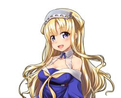 Rule 34 | 1girl, blonde hair, blue shirt, breasts, cleavage, double bun, fletcher (kancolle), hair between eyes, hair bun, hairband, kantai collection, kyou (tr-6), large breasts, long hair, looking at viewer, lowres, neckerchief, off shoulder, open mouth, outline, purple eyes, sailor collar, school uniform, serafuku, shirt, simple background, smile, solo, transparent background, upper body, white background, white outline, white sailor collar, yellow neckerchief