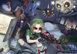 1boy bed bird black_socks blonde_hair bow_(weapon) character_doll chicken commentary controller cucco deku_shield english_commentary fairy full_body game_console green_hat green_tunic happy_mask_salesman hat holding holding_controller indian_style indoors instrument j-stein licking_lips link lon_lon_milk majora_(entity) male_focus mask minifridge moon_(zelda) night nintendo nintendo_64 nintendo_64_controller ocarina pillow playing_games pointy_ears red_eyes rupee_(zelda) shield short_hair sitting socks sword the_legend_of_zelda the_legend_of_zelda:_majora&#039;s_mask tongue tongue_out tunic weapon young_link