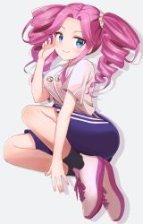 Rule 34 | 1girl, absurdres, black socks, blue eyes, blush, breasts, closed mouth, drill hair, hand on own face, highres, kuricona, looking at viewer, medium breasts, pink hair, shikoku metan, shirt, shoes, shorts, simple background, smile, socks, solo, sportswear, twin drills, twintails, voicevox, white shirt