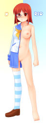 Rule 34 | 1girl, asymmetrical clothes, barefoot, breasts, chart, female pubic hair, full body, glasses, gradient background, highres, long image, medium breasts, nipples, no panties, noise (tsuzuki), nude, original, pubic hair, pussy, red eyes, red hair, revealing clothes, revealing layer, school uniform, serafuku, shoes, short hair, simple background, single shoe, single thighhigh, solo, split, split theme, standing, striped clothes, striped thighhighs, tall image, thighhighs, uncensored