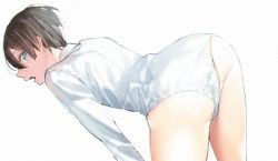 Rule 34 | 1boy, ass, black hair, blue eyes, from behind, hana (dqkmb362), high speed!, looking at viewer, male focus, nanase haruka (free!), open mouth, solo, thighs, white background