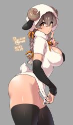 Rule 34 | 1girl, agawa ryou, animal ears, ass, braid, breasts, costume, fake horns, from side, horned headwear, horns, huge ass, large breasts, leotard, looking at viewer, medium hair, sheep ears, sheep girl, sheep horns, sheep tail, short braid, solo, tail, thick thighs, thighhighs, thighs, twin braids
