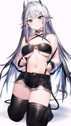 Rule 34 | 1girl, absurdres, bare shoulders, bell, black thighhighs, breasts, breasts apart, choker, closed mouth, criss-cross halter, cutoffs, diamond-shaped pupils, diamond (shape), earrings, fingerless gloves, gloves, grey eyes, grey hair, hair between eyes, halterneck, highres, horns, jewelry, kneeling, long hair, looking at viewer, medium breasts, midriff, nail polish, navel, neck bell, neonbeat, pointy ears, short shorts, shorts, sidelocks, simple background, suspender shorts, suspenders, symbol-shaped pupils, thighhighs, thighs, vei (vtuber), vei (vtuber) (9th costume), very long hair, virtual youtuber, vshojo, white background