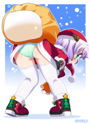 Rule 34 | ass, bent over, blue eyes, blush, clothes lift, from behind, green panties, hat, looking back, panties, purple hair, sack, santa costume, santa hat, shisui, skirt, skirt lift, solo, thighhighs, underwear, white thighhighs