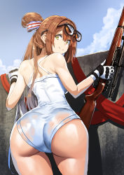 Rule 34 | 1girl, alternate costume, ass, back, bad id, bad pixiv id, bare arms, bare shoulders, black-framed eyewear, blush, bolt action, breasts, brown hair, cloud, curvy, eyewear on head, from behind, girls&#039; frontline, glasses, glasses on head, gloves, green eyes, gun, hair between eyes, hair ribbon, hair rings, highres, hip focus, holding, holding gun, holding weapon, huge ass, ihobus, large breasts, long hair, looking at viewer, looking back, m1903 springfield, one-piece swimsuit, outdoors, ribbon, rifle, shoulder blades, sidelocks, sky, smile, solo, springfield (girls&#039; frontline), swimsuit, thick thighs, thighs, twintails, weapon, white one-piece swimsuit, wide hips